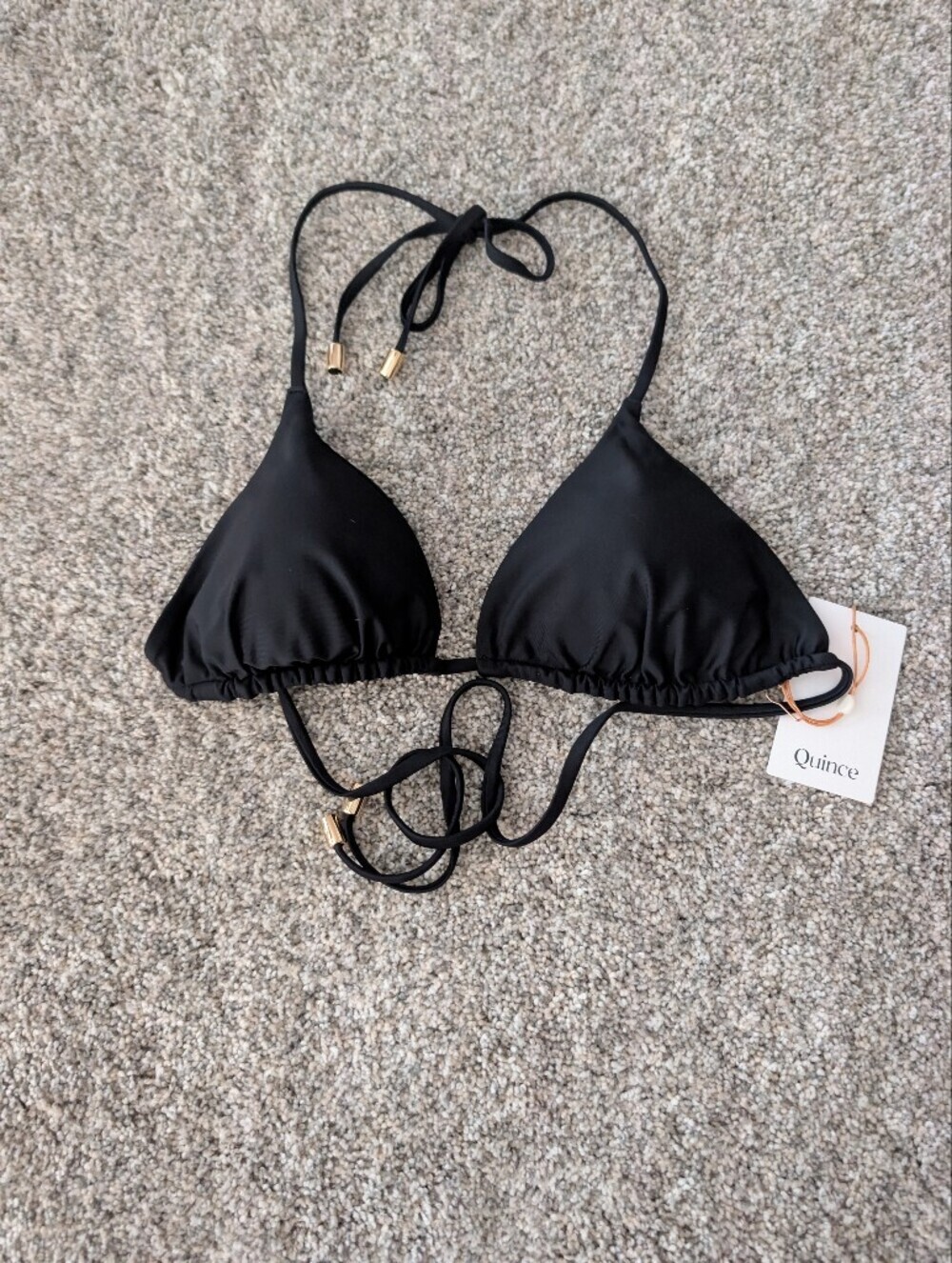 Quince Triangle Bikini Top Medium Black Gold Bead Ties